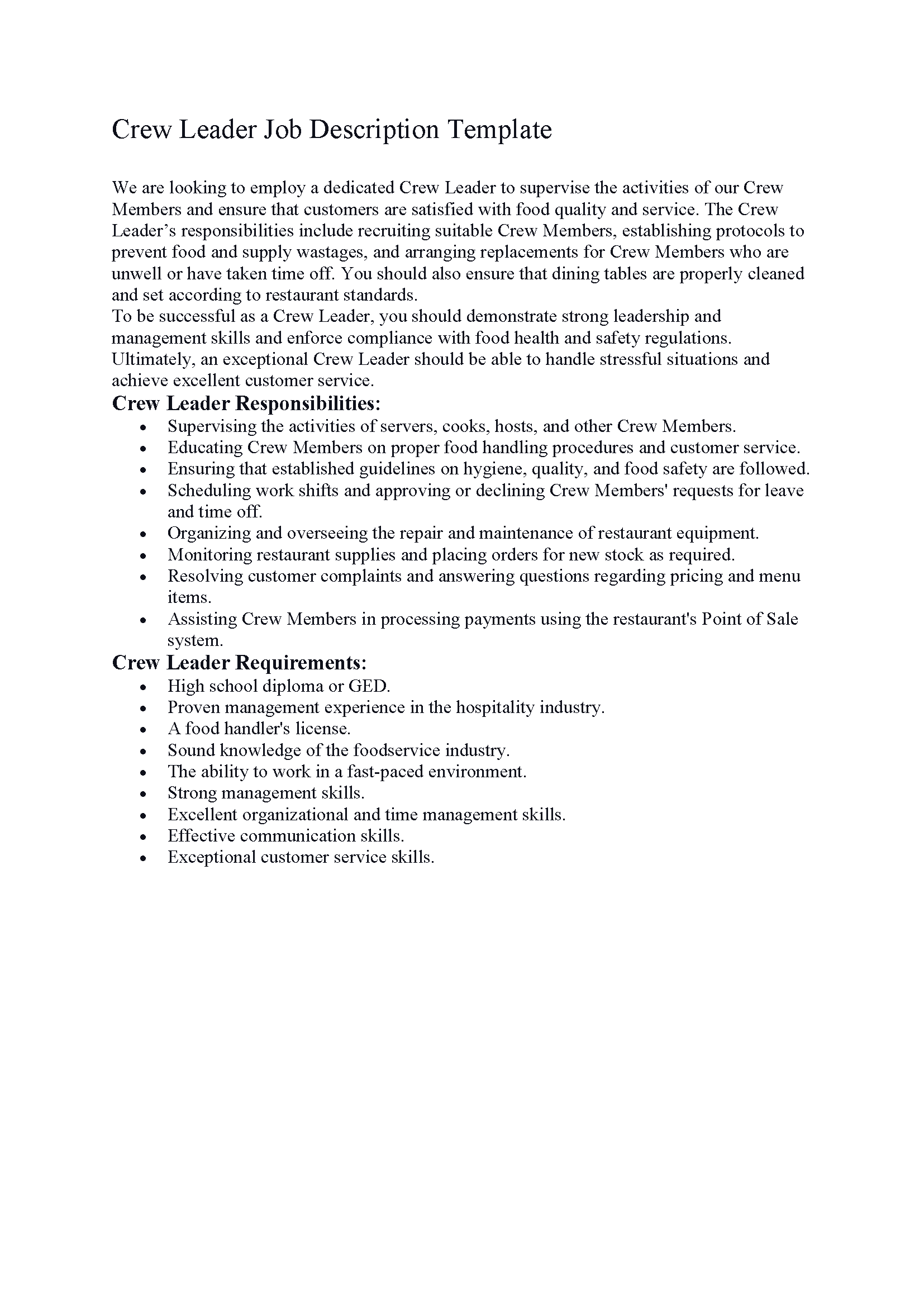 Crew Leader Job Description Template